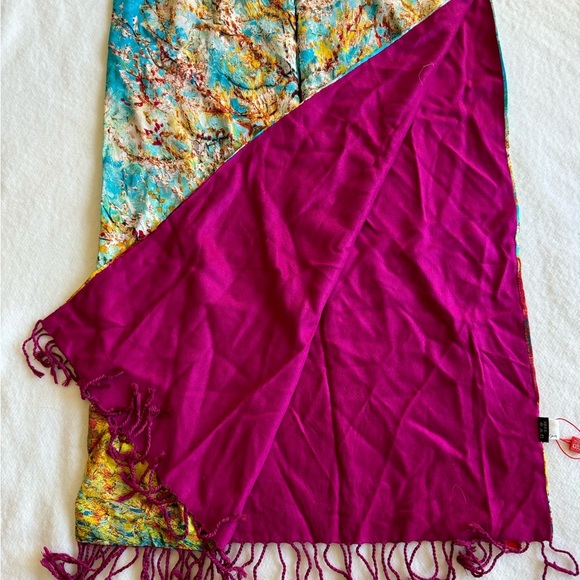 Pure Silk Viscose Oblong Art Oil Fall Trees Painting Scarf 68” L - Picture 2 of 7